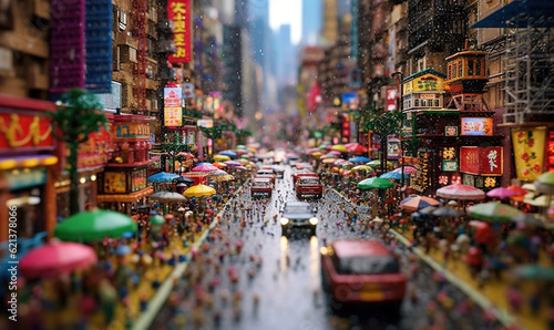  a busy city street filled with lots of people and umbrellas.  generative ai © Olga