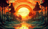  a painting of a sunset with trees and a body of water.  generative ai