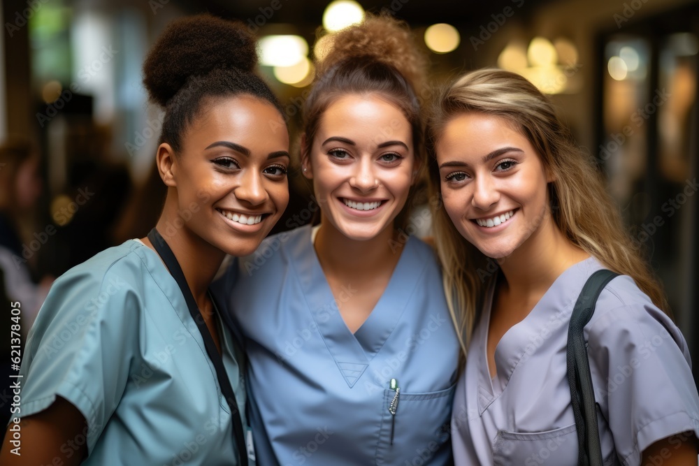 Smiling beautiful female healthcare workers or healthcare students  looking at the camera