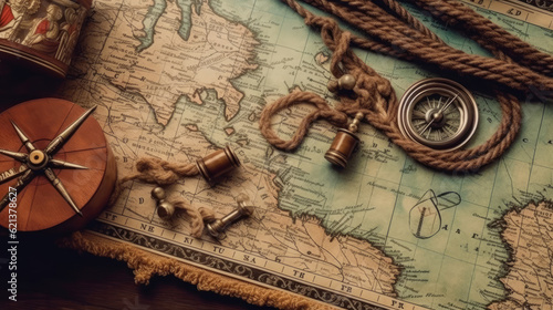 Photographie American flag and rope on treasure map on the table for Colombus Day