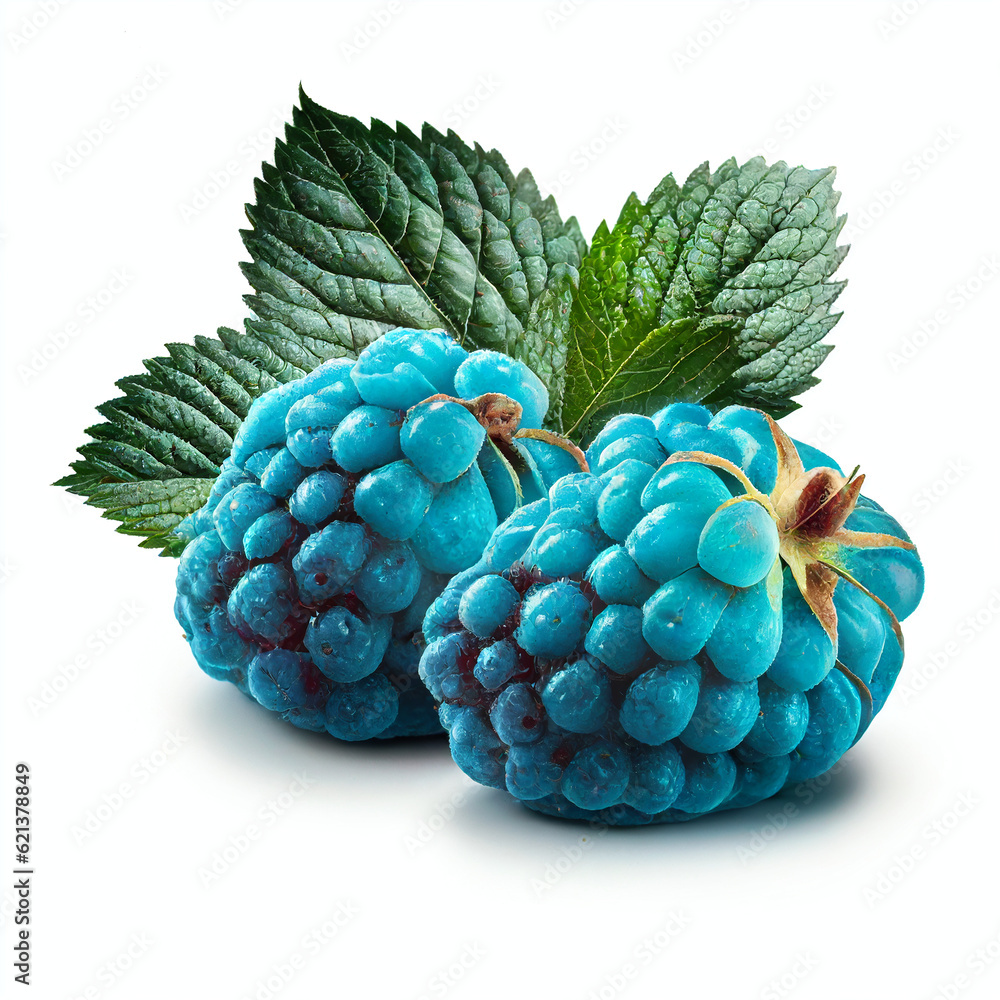Extra bright blue blackberry with leaves isolated on white background in png format studio close up minimalist packshot mode. AI Generative image Extra bright blue blackberry with leaves isolated on white background in png format studio close up minimalist packshot mode. AI Generative image