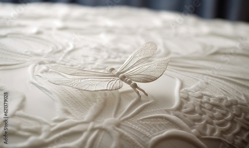  a white dragonfly sitting on top of a white bed.  generative ai