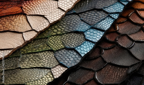  a close up of a leather texture with different colors of leather.  generative ai © Olga