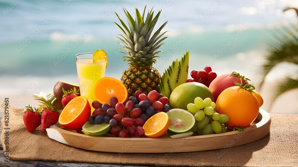 Beachside Bounty: Healthy Assortment of Raw Fruits and Berries in Paradise Beachside Bounty: Healthy Assortment of Raw Fruits and Berries in Paradise