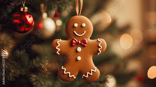 Grinsendes Lebkuchenmännchen als Weihnachtsschmuck an einem Weihnachtsbaum.