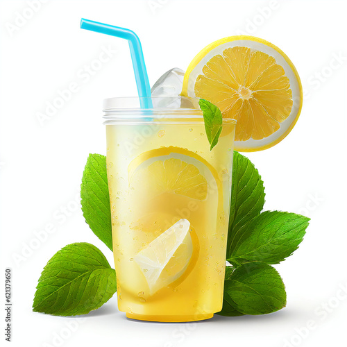 Glass of lemonade with slice and mint isolated on white background in png format studio close up minimalist packshot mode. AI Generative image