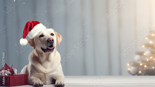 Liegender Labrador mit Weihnachtsmütze. Beiliegend Geschenke und im Hintergrund ein Weihnachtsbaum.