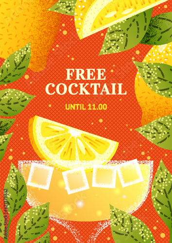 Cocktail party poster. Lemon lemonade drink, ice tropical fruits, creative restaurant alcohol menu, bar glass. Vector illustration concept 
