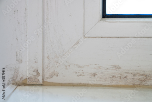 Wall Mural Part of dirty window frame after installing plastic windows and removing duct tape