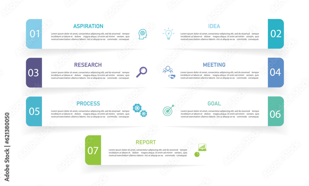 Business infographics line process with template with icons and 7 options or steps.infographics of business aspiration,idea,research,meeting,process,goal,report.for infographics design template Business infographics line process with template with icons and 7 options or steps.infographics of business aspiration,idea,research,meeting,process,goal,report.for infographics design template