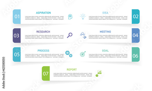 Business infographics line process with template with icons and 7 options or steps.infographics of business aspiration,idea,research,meeting,process,goal,report.for infographics design template