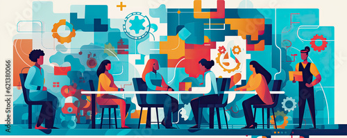 Illustration of a diverse group of people collaborating in a creative workspace, representing inclusivity and innovation in the business world panorama