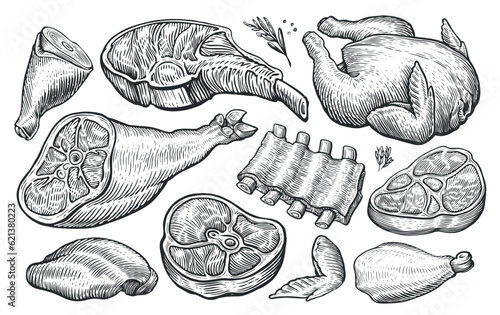 Meat set. Hand drawn vector illustration for butcher shop or restaurant menu. Sketch engraved style
