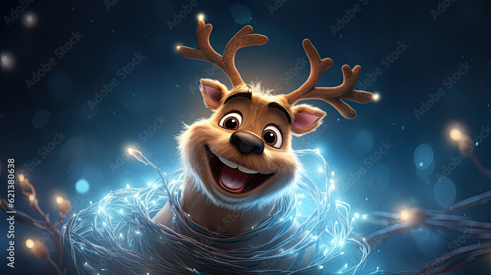 Φωτογραφία Lustiges, lachendes Weihnachts-Rentier im Cartoon-Stil, dass sich in einer Lichterkette verfangen hat