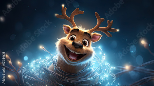 Lustiges, lachendes Weihnachts-Rentier im Cartoon-Stil, dass sich in einer Lichterkette verfangen hat.