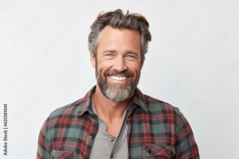 man in his 40s that is wearing a casual flannel shirt against a white background man in his 40s that is wearing a casual flannel shirt against a white background