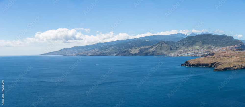 Amazing panoramic view at the huge natural cliffs over the ocean, St. Lourenço Cape or Cabo de São Lourenço, on Madeira Island, Portugal