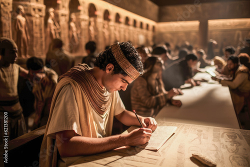 Ancient Egyptian students in the grand library of Alexandria in Ancient Egypt, seeking knowledge from scrolls and manuscripts that shape their understanding of the world photo