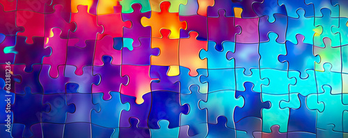 Abstract background with interconnected puzzle pieces in various vibrant colors, symbolizing problem-solving, collaboration, and teamwork in the business domain panorama