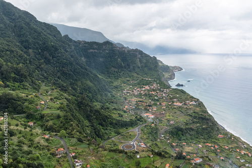 Full aerial view at the north Madeira Island coast, amazing view with Arco de São Jorge village, touristic viewpoint, Madeira island, Portugal