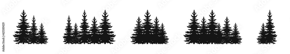 Fir trees silhouettes. Forest silhouettes. Fir trees vector icons. Pine trees icon set.