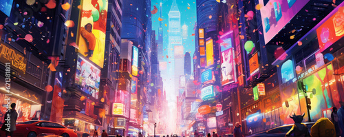 Urban Kaleidoscope: dynamic panorama of a bustling cityscape filled with towering skyscrapers, vibrant neon lights, and a multitude of colorful signs panorama