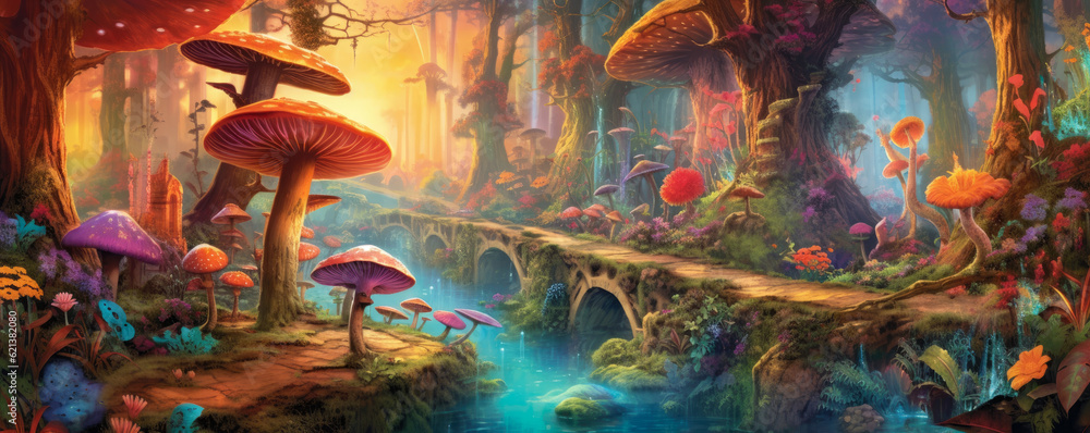 Enchanted Rainbow Forest: magical panorama of a whimsical forest, where vibrant rainbows arch across the sky, and colorful flora