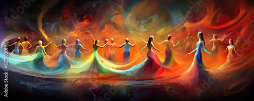 Abstract Dancer's Symphony: mesmerizing panorama capturing the graceful movements of abstract dancers, with fluid lines, vibrant colors, and a sense of rhythm and harmony panorama