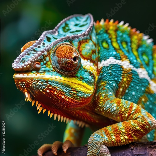 Beautiful colorful chameleon , chameleon on branch, chameleon on dark baground, closeup