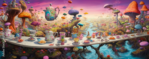 Whimsical Tea Party  whimsical panorama depicting a magical tea party in a surreal setting  with floating teacups  whimsical creatures  and an abundance of colorful treats panorama