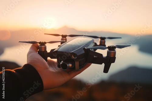 Hand holding starting guiding compact drone flight advanced filming equipment action camera innovative technology personal flying machine ready to take off during golden hour 