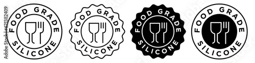 Food grade silicone icon set collection vector sign symbol in badge style emblem for web app ui use. Circular shape  FDA approved silicon stamp seal outlined. Baby child safe toy products.