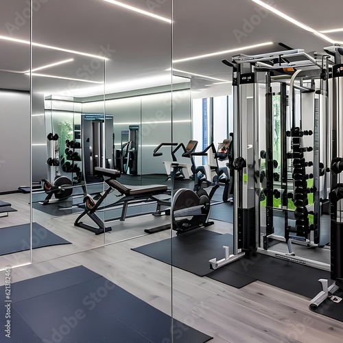 A modern gym with mirrored walls, exercise equipment, and a dedicated area for yoga and stretching2, Generative AI