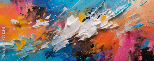 collision of vibrant acrylic strokes and abstract textures, creating a bold and expressive abstract composition panorama