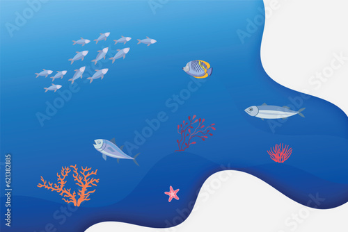 The seabed. Ocean fish and algae. Vector. 