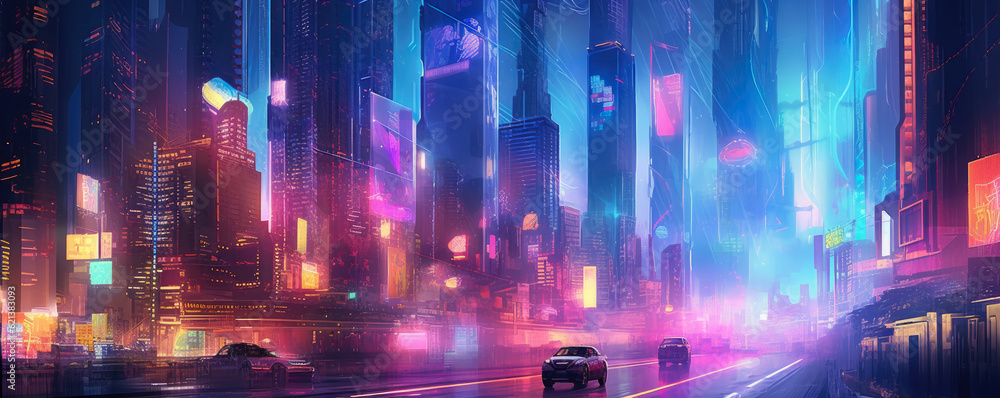 symphony of neon lights and futuristic elements, illuminating a cyberpunk-inspired abstract cityscape panorama