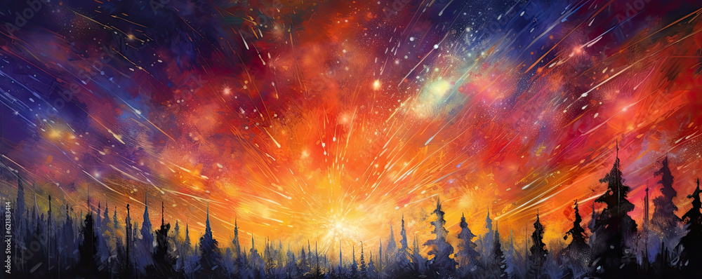 burst of fiery sparks soaring through the night sky, leaving trails of vibrant colors in their wake panorama