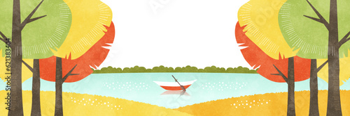 紅葉した木々から覗く湖のボートの風景 秋の水彩背景イラスト