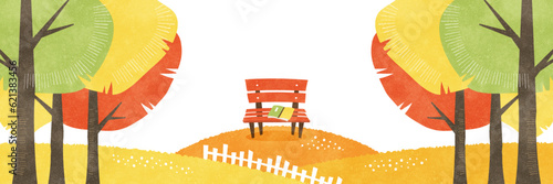 紅葉した木々とベンチと本の風景 読書の秋の水彩背景イラスト