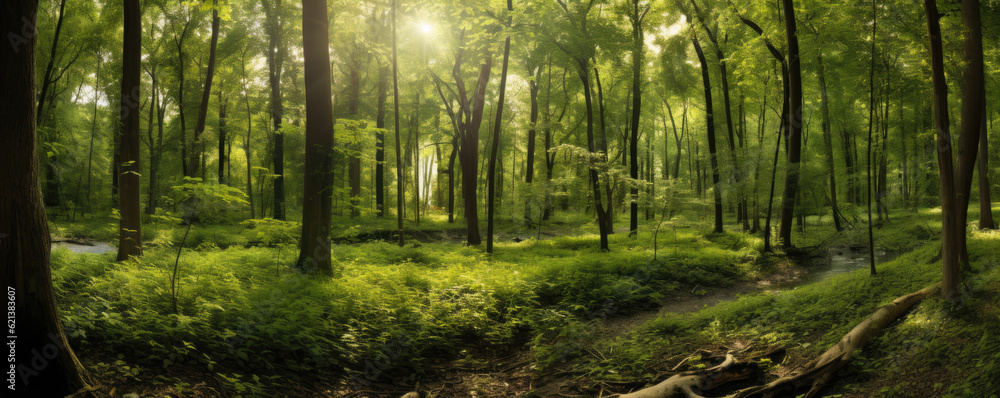 panoramic view of a tranquil forest glade, with sunlight filtering through the canopy, lush vegetation, and a sense of serenity that invites quiet contemplation