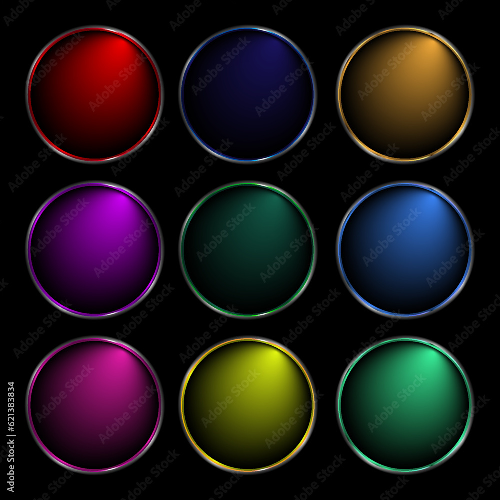 Set of blank round soft blurred metal buttons for game, different colors, vector illustration
