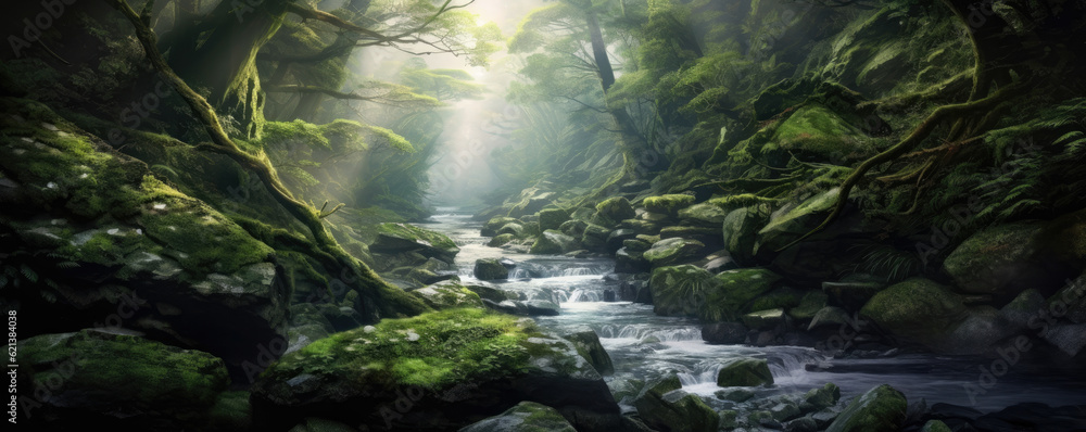 mesmerizing panoramic view of a cascading river in a deep forest gorge, with lush greenery, moss-covered rocks, and sunlight filtering through the dense canopy