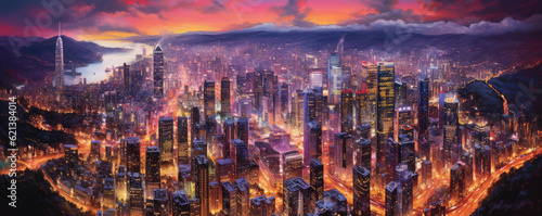panoramic aerial view of a bustling city at twilight, with shimmering city lights, illuminated skyscrapers, and a web of busy streets and highways, capturing the energy