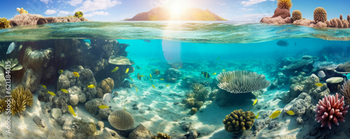 panoramic shot of a vibrant coral reef in crystal-clear turquoise waters, teeming with colorful fish, intricate coral formations, and a sense of underwater tranquility © aicandy