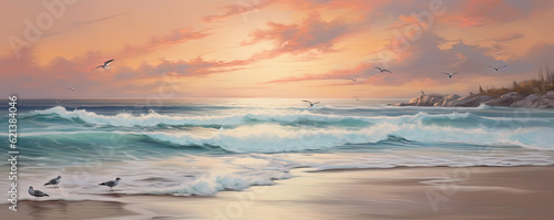 panoramic view of a serene beach at dawn, with soft pastel hues painting the sky, gentle waves caressing the shore, and seagulls gliding gracefully in the tranquil atmosphere