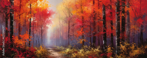 panoramic view of a vibrant autumn forest  with trees adorned in a stunning display of red  orange  and gold leaves  creating a captivating scene of nature s beauty panorama