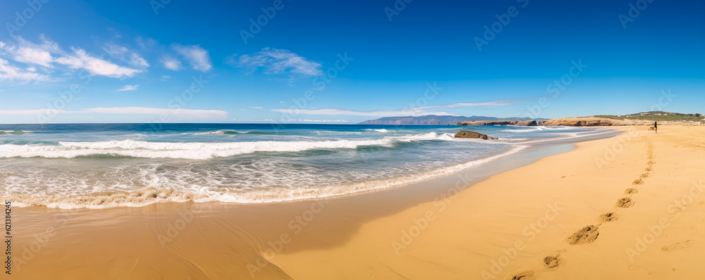expansive panoramic vista of a golden sandy beach stretching as far as the eye can see, with gentle waves lapping at the shore and a clear blue sky overhead panorama