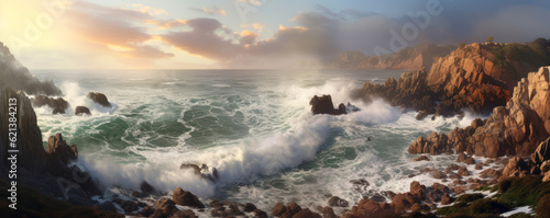 panoramic seascape capturing the raw power of crashing waves against rugged cliffs, with dramatic coastal rock formations