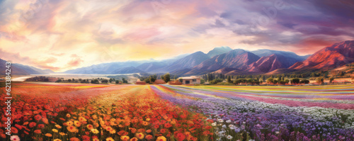 expansive panoramic shot of a vibrant and colorful flower field in full bloom, with rows of blossoming flowers stretching across the landscape
