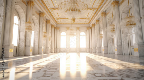 White Palace Marble Luxury Interior Room with Sunny Window and Gold Ornaments.